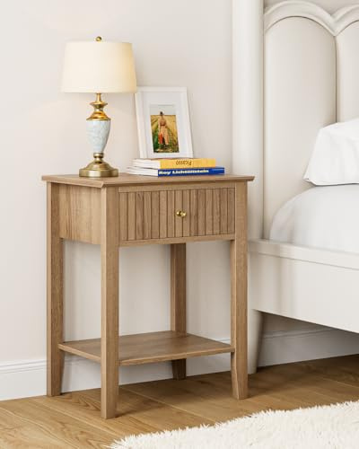 HEYZOEY Nachttisch, Retro Nachtschrank mit 1 Schublade, Nachttisch, Boho Nachtkommode für Schlafzimmer, Wohnzimmer, Nussbaum