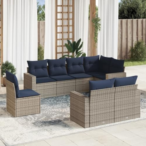 QJBSAVVA 8-teiliges Garten Lounge Set aus grauem Poly Rattan mit Stauraum und marineblauen Kissen Ecksofa 3 Mittelsofas 4 Sofas mit Armlehnen modular für Balkon Terrasse Pool und kleine Flächen