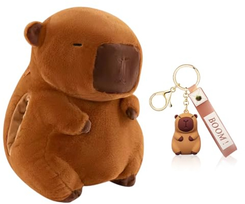 Capybara Hand Warmer Set with Hot Water Bottle & Keychain | Cute Plush Traditional Handwarmer for Kids Adults | Safe Christmas Birthday Gift for Women, Girls, Boys (Brown) (A)