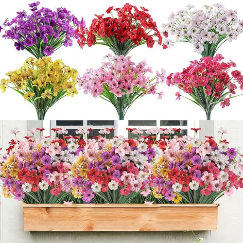 18 Bundles 6 Color Outdoor Artificial Flowers UV Resistant Fake Plastic Faux Silk Flowers for Hanging Planter Garden Window Home Decor