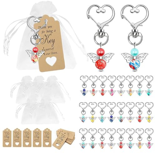 XFSRG 25 Pièces Porte Clef Ange Gardien avec Sac Organza et Étiquettes Papier Kraft Pendentif Angel Cadeaux pour Communion Baptême Mariage