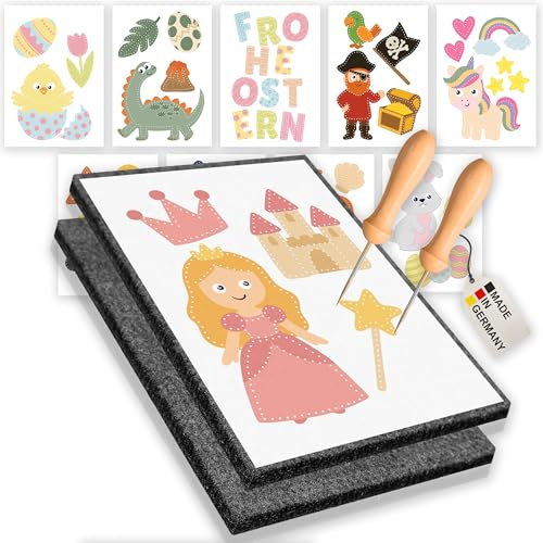Creative Fox Prickelnadel Set Kinder mit 10 Vorlagen (beidseitig koloriert) | 2x Prickelnadel mit Holzgriff & 2x Prickelfilz (20cm x 15cm x 1cm) – Ideal zum Prickeln – Made in Germany