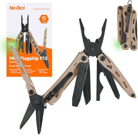 NexTool Mini Flagship F12 Keychain Multitool, 13 in 1 Pocket Tools (Khaki) | Mini Multitool with Serrated Scissors, File and Safety Lock, Upgraded 80Cr14Mov Steel for EDC, Outdoor, DIY, Gifts for Men