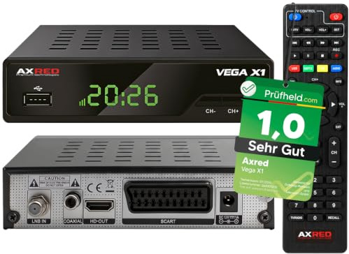 [ Test SEHR GUT, Note 1.0 *] AXRED Vega X1 HDTV Sat Receiver mit Aufnahmefunktion, HD fähig, Full HD, Digital Sat-Receiver für Satellitenschüssel Satelliten Satellit TV Fernseher, HD-Receiver, HDMI