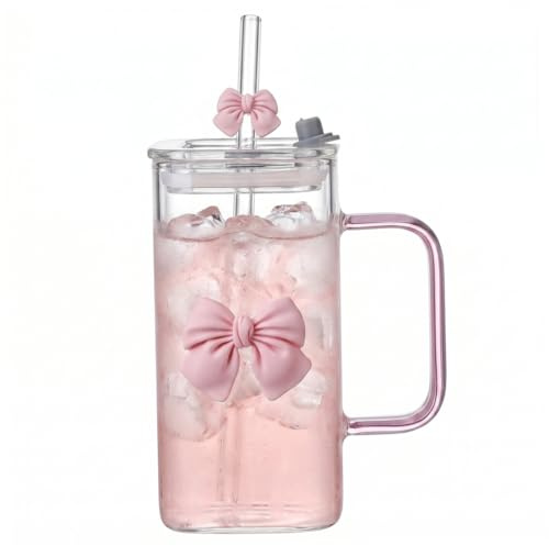 Latemeia Vaso de cristal con pajita y tapa, bonito vaso de cristal de 390 ml con asa para mujeres y niñas (rosa)