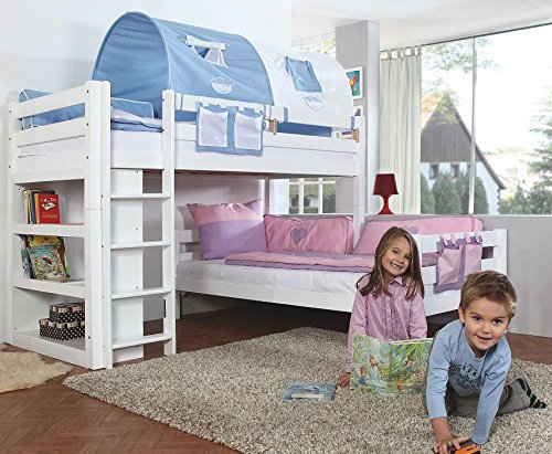 Froschkönig24 Etagenbett Beni L Kinderbett Spielbett Hochbett Bett Weiß Stoffset Blau/Boy