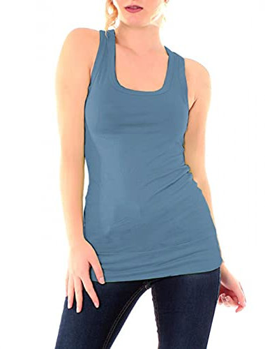 Easy Young Fashion - Damen Basic Tanktop - Fitness Top - Ringerrücken Sport - Shirt Skinny Fit Trägertop Unterhemd 8002 - Jeansblau