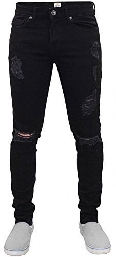 Enzo New Mens Designer Stretch Super Skinny Ripped Denim Jeans Black W32- L32