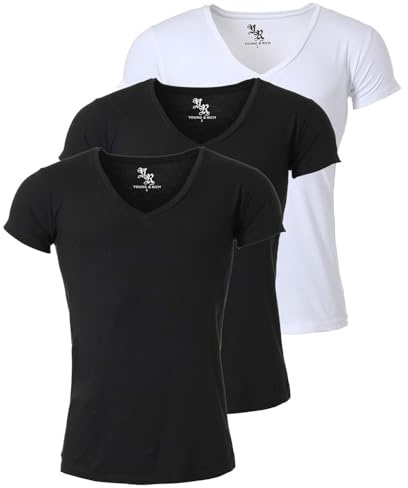 Young & Rich Herren Uni T-Shirt mit extra tiefem V-Ausschnitt slimfit stretch Dehnbare Passform einfarbiges Basic Shirt - 3er Pack