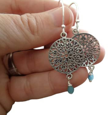 ✿ GRANDE MANDALA TIERNA Y AZUL CRISTAL ✿ perforadas, pendientes de gancho largo en azul y plata