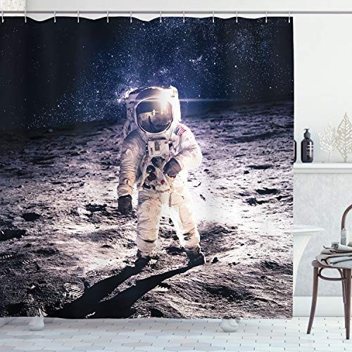 ABAKUHAUS Weltraum Duschvorhang, Mondoberfläche Journey, Stoffliches Gewebe Badezimmerdekorationsset mit Haken, 175 x 220 cm, Braun Blau