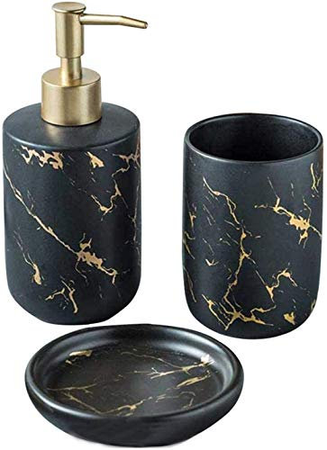 FülleMore Keramik Bad Accessoires Set luxuriös Marmor Optik 3-teiliges Badezimmer Zubehörset aus Seifenspender Seifenschale Zahnputzbecher (Schwarz)