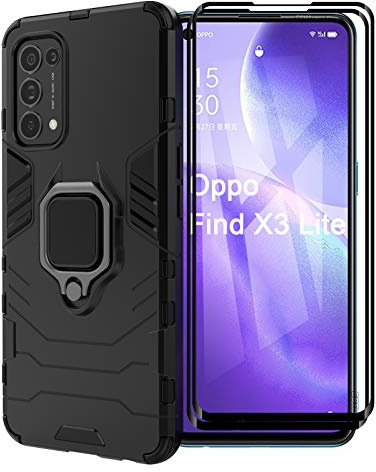 ESTH® Hülle für Oppo Find X3 Lite mit 2 Pack Panzerglas, [Strapazierfähig] Ring Ständer, [Funktioniert Mit Magnetischer Autohalterung] Case Schutzhülle, Schwarz