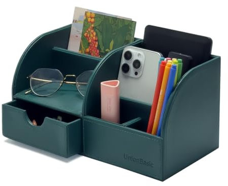 UnionBasic Organizer da scrivania, multifunzionale, in pelle, portapenne, porta biglietti da visita, penne, matite, telefono cellulare, cancelleria, colore verde vintage