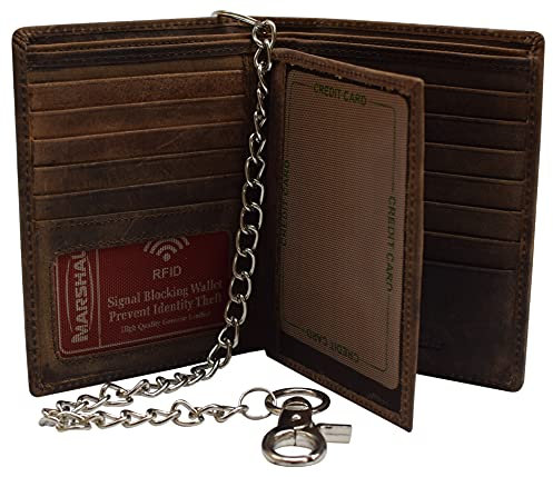 MARSHAL Bifold Geldbörse aus echtem Leder, RFID-blockierend, für Herren, Kartenfächer, 2 Geldscheinfächer, Ausweisfenster, Geld, (Vintagebraun mit Kette), Vintage-Braun, mit Kette, Einheitsgröße,
