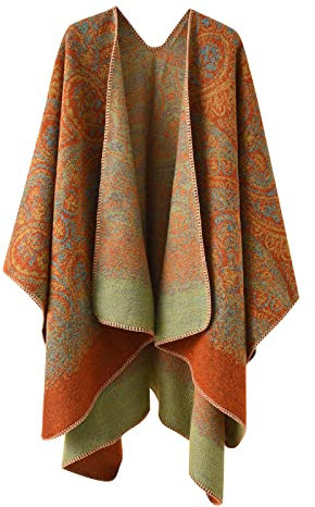 Sisifa Damen Boho Pullover Poncho Schal Wrap Cape Mantel Winter Herbst Vintage Print Stricken vorne offene Strickjacke Decke, Orange, Einheitsgröße