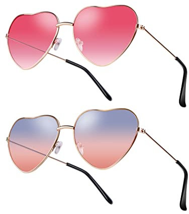 Kiiwah 2 Paare Sonnenbrillen Damen Herz Geformt Sonnenbrille Metallrahmen Retro Sonnenbrille Hippie Brille Party Kostümzubehör für Herren Und Mädchen
