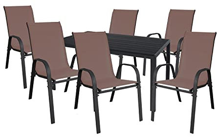 Mojawo Hochwertige Gartengarnitur 7-teilig Gartentisch 150x90cm Anthrazit Aluminium/WPC Schwarz + 6 Stapelstühle Stahl Textilen Braun