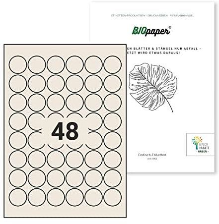 Nachhaltige Etiketten aus Bagasse Material (Rund, DIN A4) selbstklebend, bedruckbar, permanent haftende Universal Etiketten (30 mm rund, 10 Blatt)