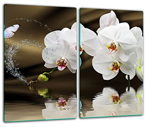 TMK | Herdabdeckplatten ceranfeld 2 Teilig 30x52 cm | Ceranfeldabdeckung Küche Elektroherd Induktion | Herdschutz Spritzschutz | Glasplatte Schneidebrett | Orchidee