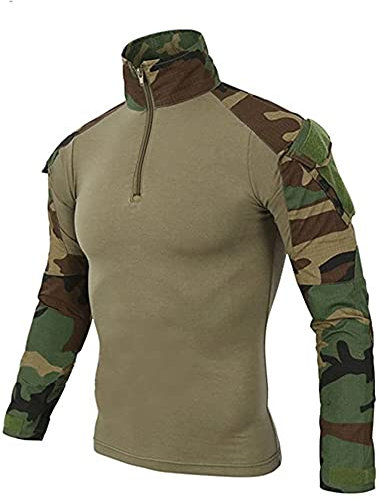 Uugood Chemise Militaire Homme, T-Shirt de Combat à Manches Longues, Airsoft BDU Shirt Camouflage Uniforme Tactique Chemise Multicam pour l'armée Paintball Chasse, Des bois, M