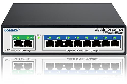 Goalake Switch Poe 10 Porte Gigabit 10/100/1000 Mbps, 8 Porte Gigabit Poe Fino a 100W, Ogni Porta Fino a 30 W, Protezione da Sovraccarico, IEEE 802.3af/at, Desktop/Parete, Metallo Plug&Play
