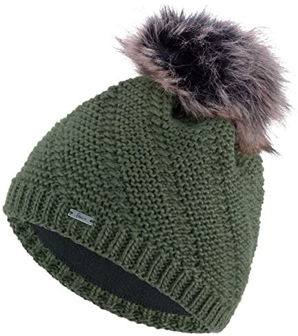Faera Wintermütze Mütze Damen warm gefüttert Kunstfell Bommelmütze Fleecefutter Winter Herbst Strickmütze Beanie Mädchen 64, Farbe:Oliv