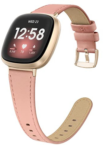 Tuocal Bracelet en cuir véritable compatible avec Fitbit Versa 4/Versa 3/Fitbit Sense pour homme et femme, bracelet de rechange ajusté en cuir véritable doux et respirant, rose, Vintage
