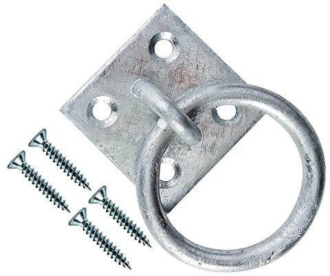 TERF® Heavy Duty Galvanised Security Ring on Plate Hooks 50mm (2 inch) Pad Eye Plate with Hole Ceiling Hook Wall Mount Hook with Screws for Wall Ceiling Hanging and Multi Purpose Use - Pack of 1