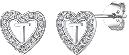 Suplight Ohrstecker Herz Silber 925 Damen Buchstabe T Ohrringe mit Zirkonia Medizinische Ohrringe Kinder Nickel frei hypoallergen herzförmigen Ohrring weißgold Schmuck