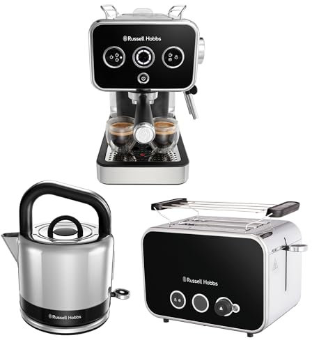 Russell Hobbs Tostadora Distinctions Black 2 Ranuras, Acero Inoxidable, Negro 26430-56 + Hervidor de Agua Eléctrico Distinctions Black 26420-70 + Cafetera Espresso Distinctions Black 26450-56