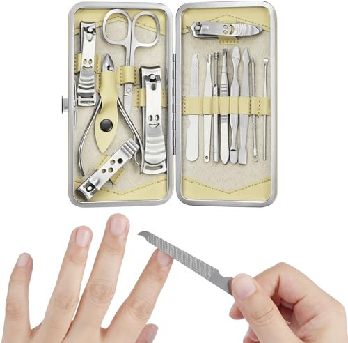 H&S Manicure Set - Pedicure and Manicure Kit for Women & Men - 14 pcs - Stainless Steel Nail Clippers & Cuticle Remover - Cutter Trimming Grooming Tools - w/Beige Leather Case