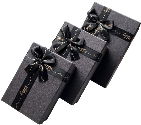 Schwarz glitzernde Geschenkbox, 3er Set rechteckige Geschenkboxen mit goldener Schleife - Verpackungsbox geeignet für Blumen, Geschenke aller Art, für Verliebte, Kinder, Senioren, Freunde (Schwarz)