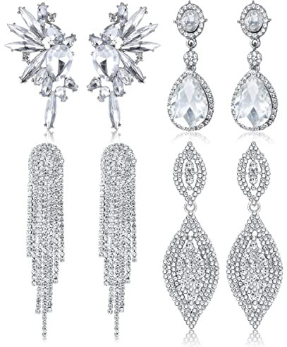 Kakonia 4 Paare Clip Auf Ohrringe Für Frauen Mädchen Elegante Erklärung Silber Kristall Strass Dangle Ohrringe Hochzeit Prom Für Braut Brautjungfer Nicht Pierced Clip Ohrringe Set