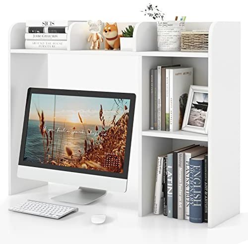 COSTWAY Desktop Bookshelf, Wooden Countertop Bookcase with Shelves and 2 Anti-Tipping Kits, Free Style Multipurpose Desk Storage Organizer Display Shelf Rack for Office Supplies, 94x25x74cm (White)
