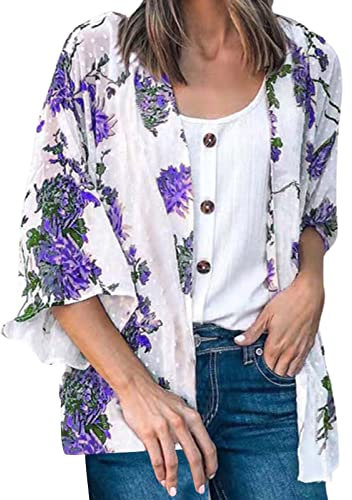 QUINTRA Strickjacken für Damen, Elegante Chiffon-Kimonos mit Blumenmuster, Sonnenschutz, Oberteil, Boho, lässig, Schal, Strand, vorne offen, Kleidung Enges Oberteil (Purple, XXL)