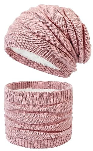 Ever Fairy Winter warme Hut Schal Set, Unisex warme Mütze Hut und Schal Set, gestrickte Hut und Schal mit Plüsch Fleece Futter für Männer und Frauen