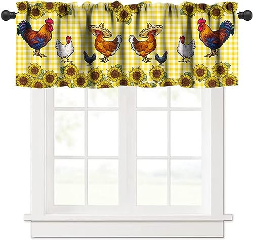 Cenefa de ventana con diseño de gallo americano occidental, gallina, girasol, retro, amarillo, bolsillo para barra, tratamientos de ventana corta para el hogar, cocina, sala de estar, dormitorio, 54 x