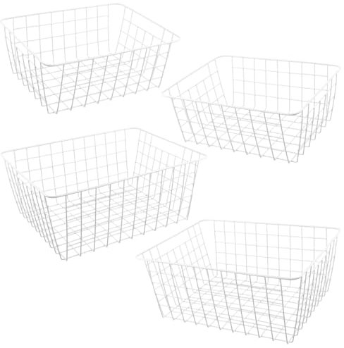 PINGEUI 4 Pack White Wire Storage Baskets, 2 Size Small Metal Wire Basket, Durable Freezer Storage Baskets for Bathroom, Pantry, Freezers, Kitchen Cabinet, Shelf 28x12x22cm 36x29x15.5cm