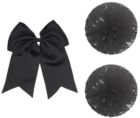 UUYYEO Cheerleader-Pompons, Teamgeist, Tanz-Team-Poms, Sport-Fan, Pompons mit großen Cheerleader-Haarschleifen, Cheerleading-Kostüm-Zubehör, Schwarz, 2 Stück