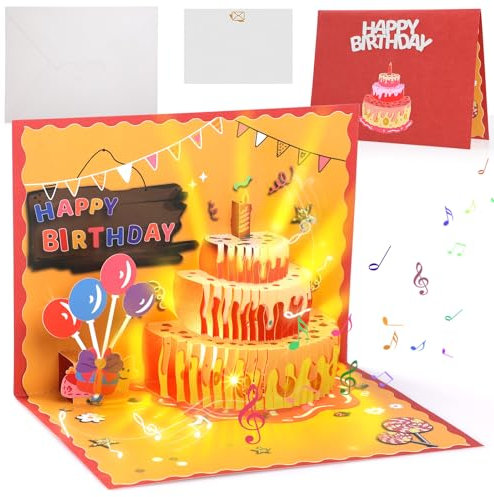 GeeRic Cartes d'anniversaire, Gâteau d'anniversaire Lumineux et Musical, carte de Joyeux Anniversaire, Carte de Vœux Pop-up 3D avec Enveloppe et étiquette pour Femmes, Hommes, Enfants
