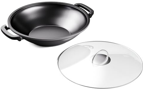 ToCis Big BBQ Wok Antiaderente, Wok Professionale Rivestito di Smalto, Padella Wok Antiaderente con Coperchio e Manici, Padella Wok Induzione per Piani a Induzione, Ceramica, Gas
