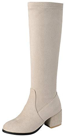 Stivali lunghi da donna, alla moda, tinta unita, sopra il ginocchio, caldi, con cerniera, scarpe casual con tacco alto, stivali da donna, Beige, 39.5 EU