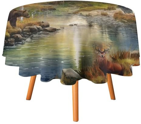 COALHO Mantel redondo con temática de caza en acuarela, bosque rústico, naturaleza, paisaje, vida silvestre, alce, ciervo, lobo, oso, mantel redondo para comedor, cocina, fiesta de cumpleaños,