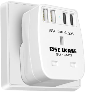 SE UKASE UK Socket with 4 USB Ports(2USB A+2USB C), 5 in 1 Multi Plug Extension, 1 Way Wall Charger Sockets 3250W, for Home, Office, Kitchen