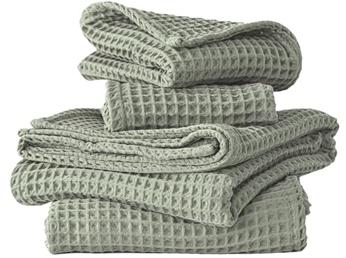 Viva Maison 4-teiliges Waffelhandtuch-Set für Badezimmer, weiche 100% türkische Baumwolle, schnelltrocknend, fusselfrei, Waffelgewebe, dünne Bade- und Handtücher (Salbei, 2 Bade- und 2 Handtuch-Set)