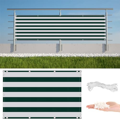 Sichtschutz Balkon 0.75 x 4m HDPE UV-Schutz Leicht Transparent 96%, Balkonverkleidung für Balkongeländer, Ohne Bohren - mit Ösen, Dunkelgrün Gestreift