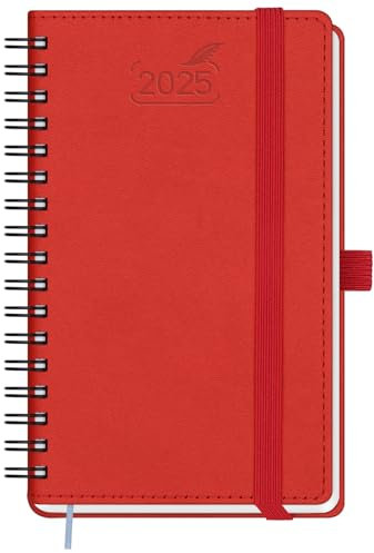 BEZEND Taschenkalender 2025 Klein Ringbuch 15,5 x 9 cm | Kalender 2025 Buchkalender 1 Woche 2 Seiten mit 100 g/m² Papier | Terminplaner 2025 Wochenplaner A6 mit PU-Leder Softcover - Rot