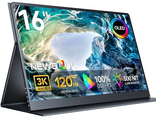 Newsoul Schermo portatile OLED 16, 3K 2880 x 1800 | 120 Hz | Monitor di gioco portatile 1 ms, 500 lendini | contrasto 100000:1 | 100% DCI-P3 | 8 bit + FRC | Design ultra sottile per computer
