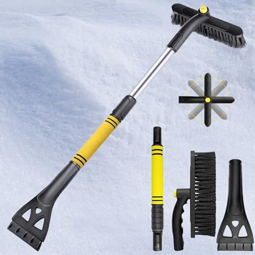 Aoiuenok Eiskratzer Auto mit Besen, 2 In 1 Abnehmbarer Eisschaber, Schneebesen Auto für 360° Drehbarer Kopf, mit Rutschfestem Schaumstoffgriff - 90 cm Ausziehbare Schnee Auto Besen (Gelb)